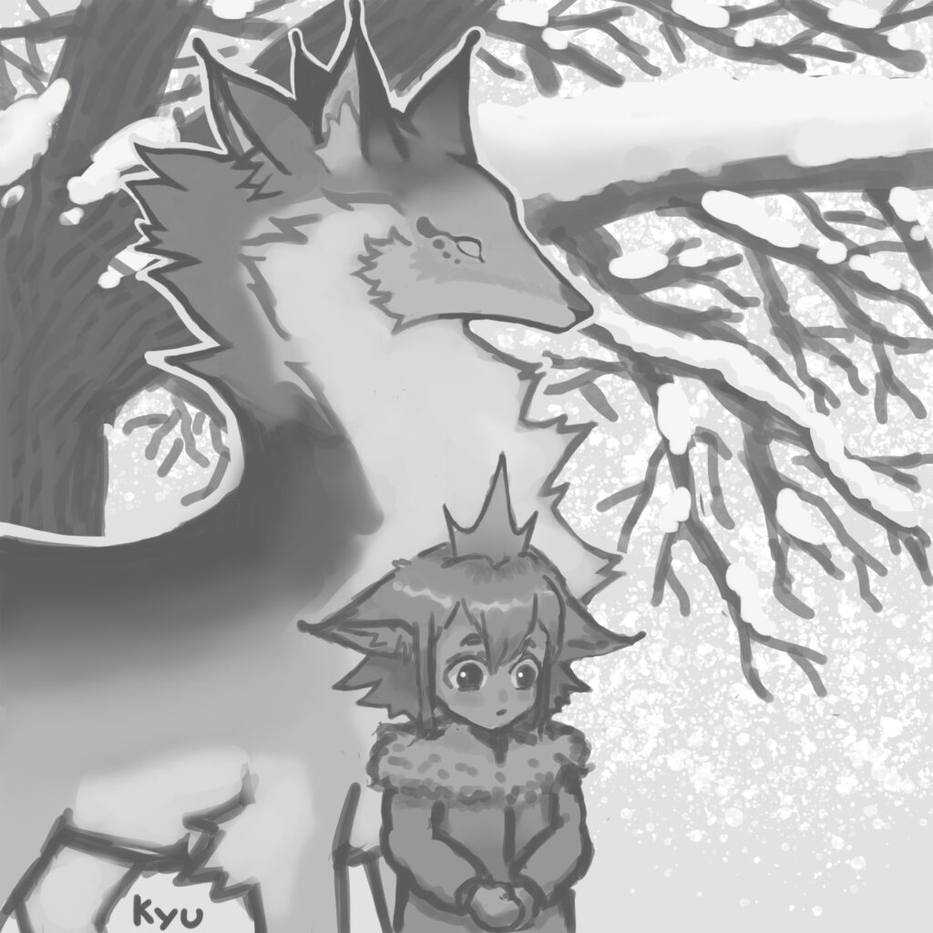 Grayscale image of large fox creature with little girl in the snow © 2023 Zaeem Raja