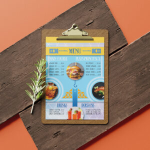 krunchking menu on top of planks of wood with an orange background